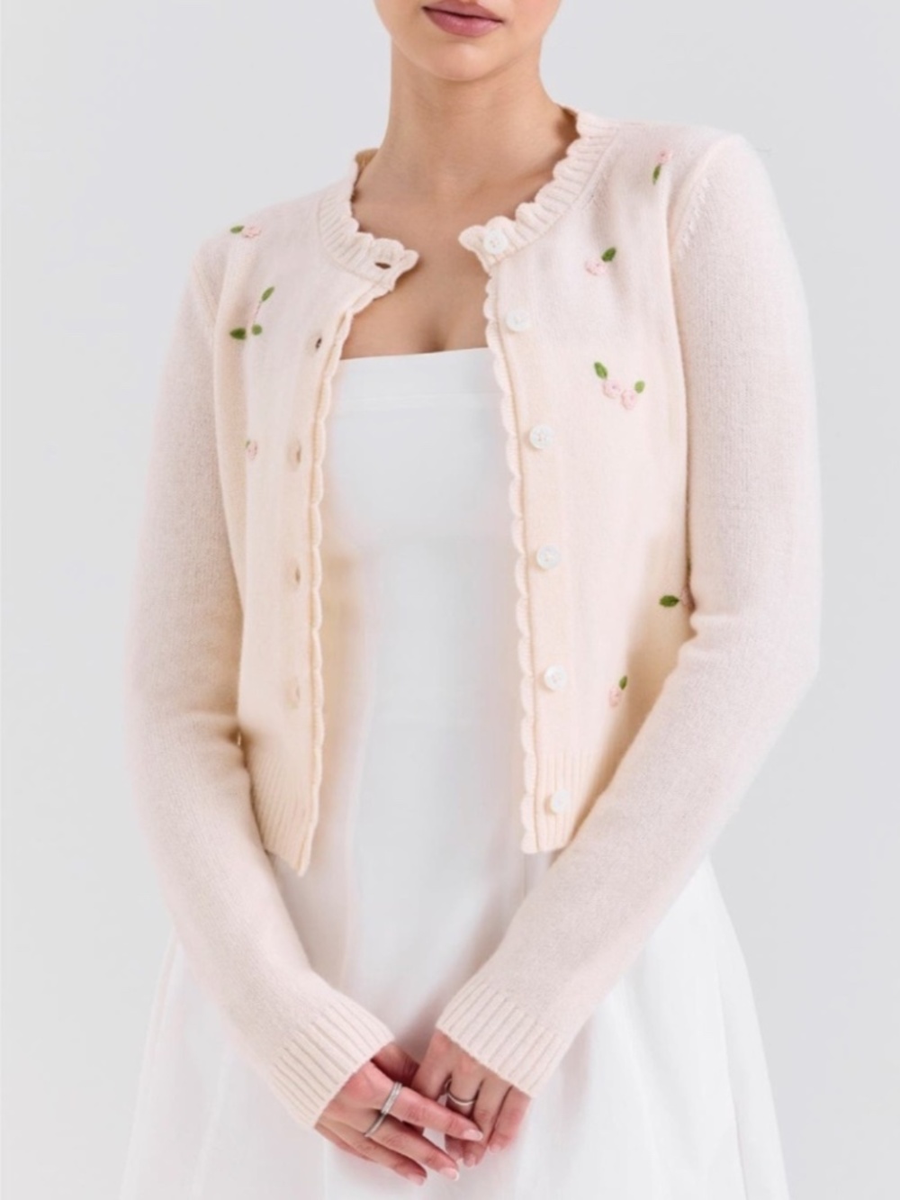 NEW House of CB Anjou 100% Wool Rose Embroidered Cardigan Small